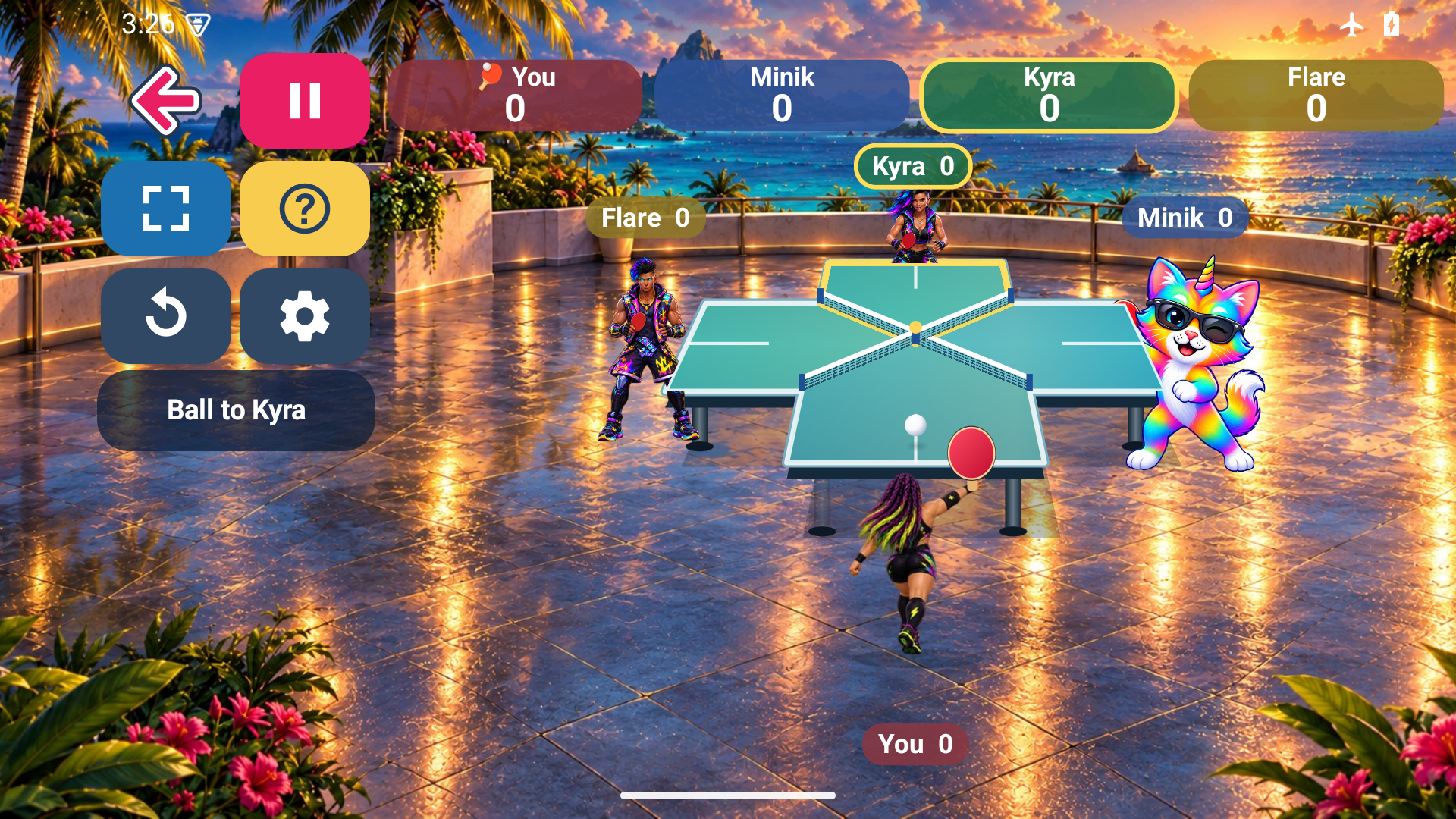 Multiplayer Ping Pong — Four players on the sunset terrace