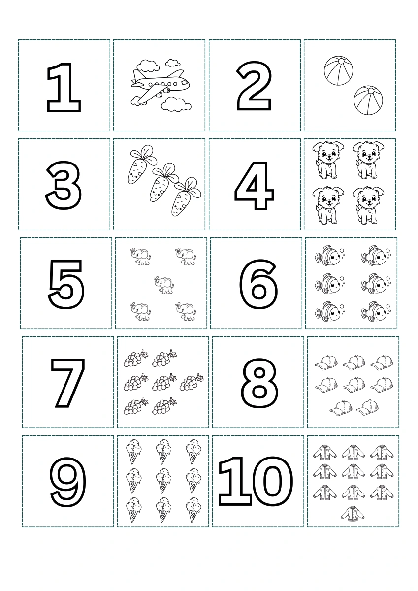 Numbers 1–10 with objects to color