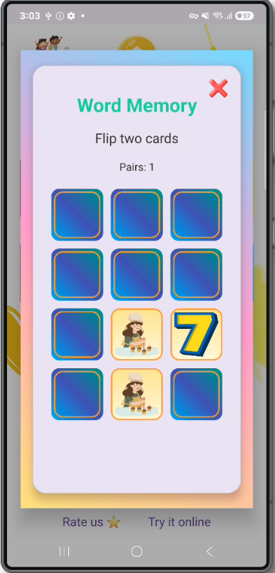 Word Memory mini-game screenshot